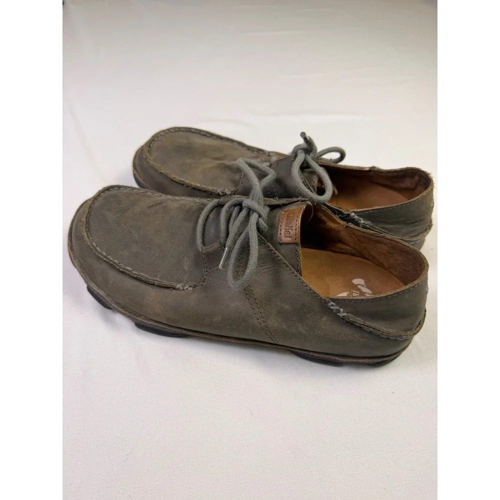 Olukai Ohana Lace Up‎ Nubuck Leather Moc Toe Shoes Mens 9 Grey Brown 10171-4T63
